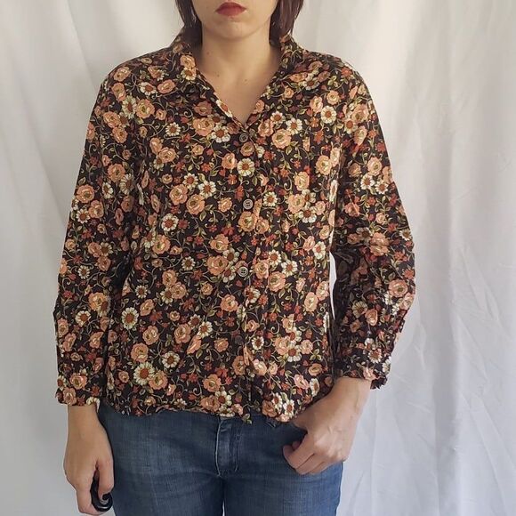 Vintage Tops - 70s Orange and Black Floral Handmade Blouse